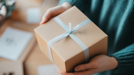 Adult hands holding wrapped gift box with blue ribbon