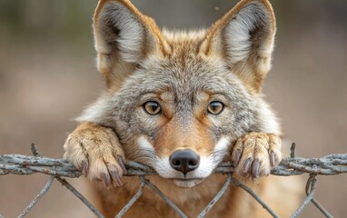 Coyote at Barbed Wire Fence