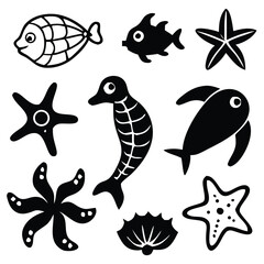 Marine Life Silhouette Vector Set – Ocean Creatures, Fish, Dolphin, Shark, Octopus, Crab, Jellyfish, Turtle, and Sea Animal Icons for Nautical and Aquatic Designs.