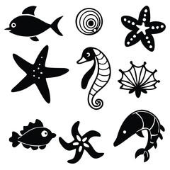 Marine Life Silhouette Vector Set – Ocean Creatures, Fish, Dolphin, Shark, Octopus, Crab, Jellyfish, Turtle, and Sea Animal Icons for Nautical and Aquatic Designs.
