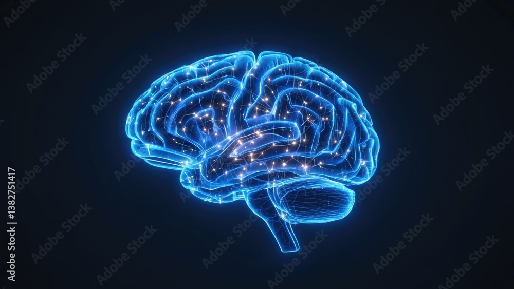 Poster 3d rendering of human brain with glowing synapses, showcasing neural connections and digital design 