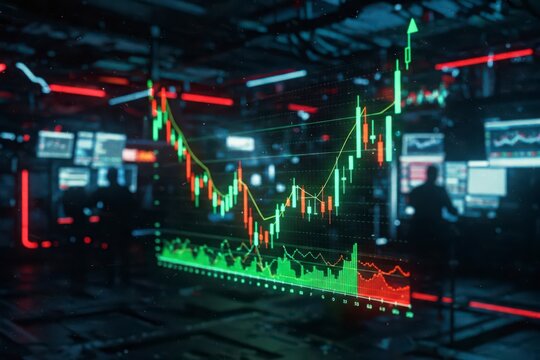 Glowing stock market charts and data streams displayed on transparent screens in a modern, high-tech monitoring room. Financial analysis and trading concept.

