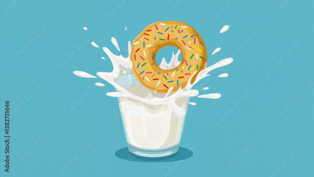 Poster a donut is floating in a glass of milk. the donut is covered in sprinkles and he is floating on top 