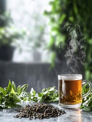 Steaming tea preparation with fresh leaves cozy kitchen beverage photography natural light aesthetic experience