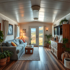 High-quality photos of well-designed and neatly arranged mobile homes: perfect HD content for professional websites, catalogs, social media, or tourism and hospitality projects.