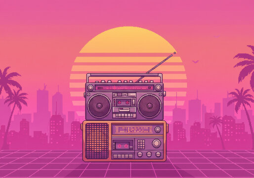 Retro Boombox Sunset Cityscape: 80s Synthwave Pixel Art