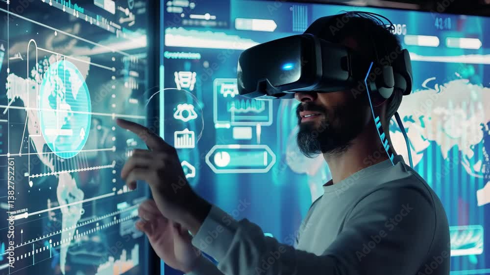 Poster a man engages with advanced virtual reality displays, manipulating interactive data visuals in a fut