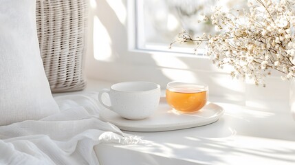 Fototapeta premium Serene minimalist tea and coffee setup bright interior product photography cozy environment natural lighting calm concept