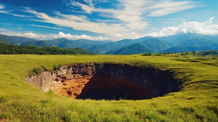 Fototapeta premium Panoramic view of mountain valley with rocky outcrops, lush grasslands and expansive skies.