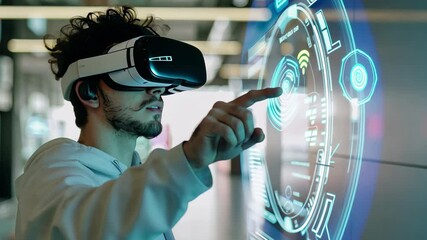 A young man uses virtual reality goggles to explore a digital interface, gesturing towards holographic displays in a modern tech hub filled with bright lights. - Powered by Adobe