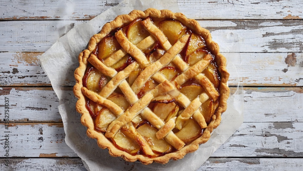 Poster a pie with a lattice crust and apples on top. the pie is sitting on a white table