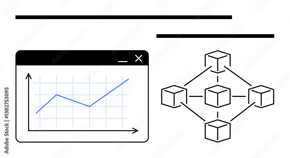 Poster graph rising in browser window beside interconnected cubes depicting blockchain. ideal for data anal
