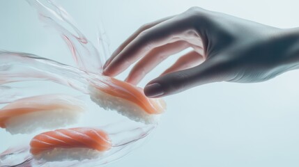 Delicate hand reaching for sushi served on a minimalist white background