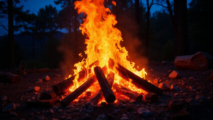 Obraz premium Campfire Flames Illuminating the Night Forest 