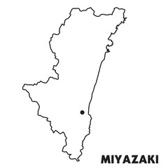 日本の宮崎県県単独の地図イラスト　都道府県別の白地図線画　県庁所在地