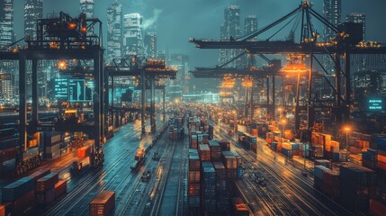 A bustling cargo port at night, illuminated by city lights and cranes, showcasing a vibrant industrial scene.