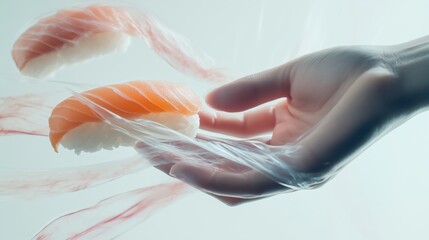 Delicate sushi creation with hand reaching for fine salmon pieces in a modern setting