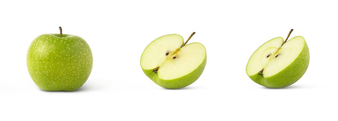 Fresh green apple fruit and slice. Granny smith apples and half isolated .