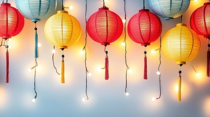 Obraz premium Festive paper lanterns, illuminated, string lights, wall decor, celebration, background