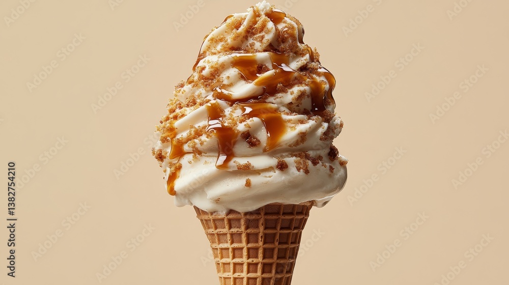 Poster caramel swirl soft serve ice cream cone with crumble topping and drizzle on beige background
