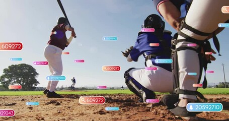 On baseball field, players with colorful animation data tags floating around - Powered by Adobe