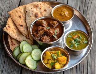 Indian meal platter with curry, roti, and vegetables