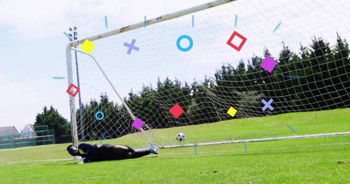 Diving to save ball, soccer player near goalpost on grassy field animation