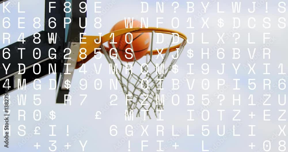 Poster basketball going through hoop with animation of random alphanumeric characters