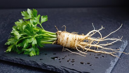 Fototapeta premium Vibrant green fresh parsley root with roots, herb and leaves. Health-conscious food item often used in cooking for flavor.