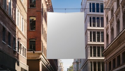 Obraz premium A white advertising banner mockup hanging between two buildings in a realistic urban setting. This template is perfect for showcasing outdoor marketing campaigns, ads, or branding designs.