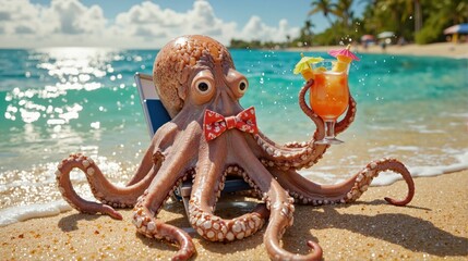 A cartoon octopus is holding a drink and a book