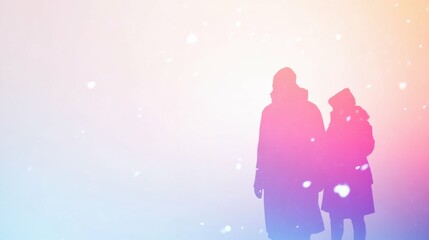 Silhouettes of two people in winter coats with snowfall and gradient background