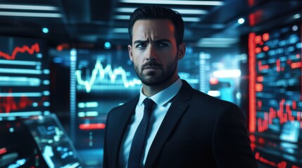 Fototapeta premium Professional man in suit presents data in a high-tech trading room at night with glowing monitors displaying stock charts