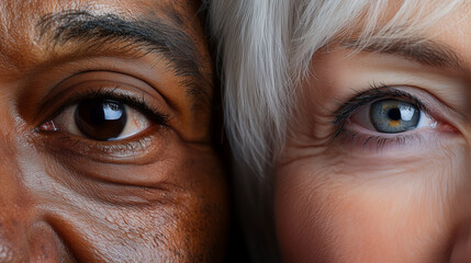 Close up of two senior faces side by side showing diversity and aging with expressive eyes.