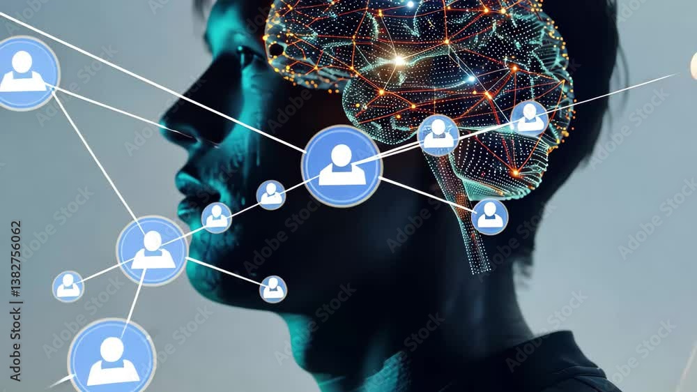 Aufkleber a thoughtful individual is pictured alongside an artistic representation of a brain filled with digi