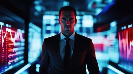 Business professional analyzing financial data in a high-tech digital environment with vibrant visuals