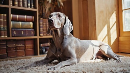 A grey dog is laying on a rug in front of a bookshelf. The dog appears to be looking at the camera