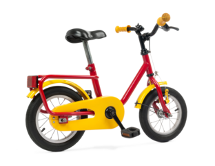 Bright red and yellow children's bicycle with a sturdy frame, black saddle, and small wheels, isolated on a transparent background png. 