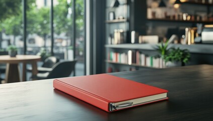 Red book on a cafe table