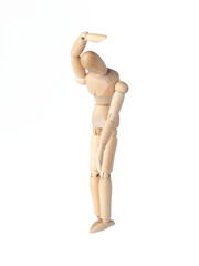 A Wooden dummy with hands down, conveying sadness. A Poseable figure and Articulated mannequin capture a moment of despair, perfect for artists and creating expressive, emotional sketches.