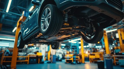 A car lifted by hydraulic jacks for maintenance in a modern workshop, viewed from underneath.