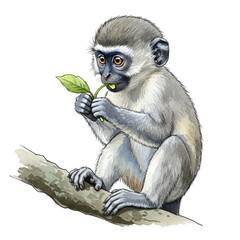 A gray monkey sits on a branch and eats a leaf in a cartoon illustration