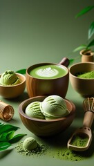 Green tea set with a cup of tea and teapot surrounded by fresh leaves and flowers for a natural and healthy spa experience