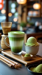 A Chinese tea set with a cup of tea on a table
