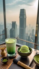 Hong Kong skyline with a coffee cup and a refreshing green beverage