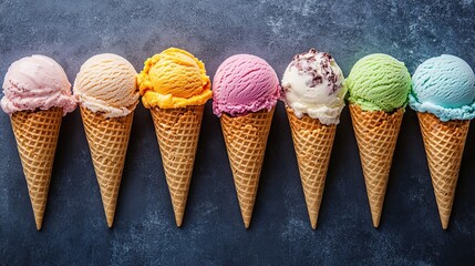 A variety of delicious ice cream cones, perfect for a summer treat.