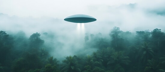 Ufo Hovering Over Misty Forest with Light Beams for Sci-fi