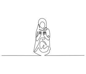 Continuous one line drawing of women muslim prayer. Single line drawing illustration of women praying for greeting card. Ramadan kareem concept vector art. Doodle line illustration.