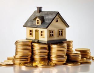 house model toy placing on top of gold coins; white background 2