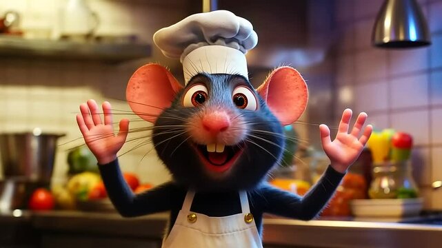 A cheerful animated rat chef with raised hands in a bustling kitchen filled with fresh ingredients